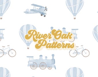 Padrão sem costura azul com temas de transporte: avião vintage, trem, bicicleta e balão de ar quente (download digital)