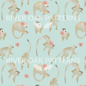May include: A seamless pattern featuring watercolor illustrations of monkeys with pink flowers on a light blue background. The monkeys are in various poses, some with flowers in their hair. The pattern is perfect for fabric, wallpaper, or other decorative projects.