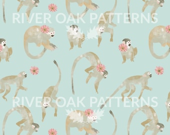Pastel Monkey Floral Seamless Pattern: Tropical Jungle (Digital Download)