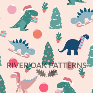 Padrão de repetição digital de arquivo sem costura Trex Dinos de Natal para uso comercial dinossauros rosa fofos e divertidos para crianças