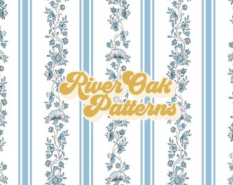 Blue Floral Ticking Stripes Seamless Pattern (PNG, JPG)