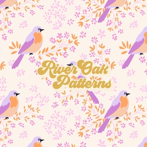 May include: A seamless pattern featuring purple and orange birds perched on branches with pink flowers. The text "River Oak Patterns" is in the centre of the design.