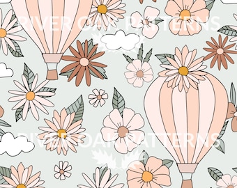 Padrão floral sem costura com balão de ar quente: estilo boho para quarto infantil (arquivo digital)