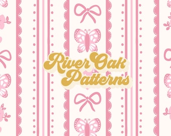 Pink Bows, Butterflies, and Floral Stripes Seamless Pattern (Digital File)