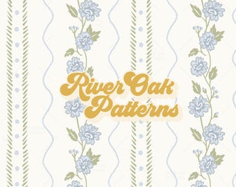 Blue and Green Floral and Wavy Vertical Stripes Seamless Pattern: Cottagecore Design (Digital Download)