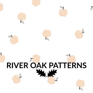 Puede incluir: Un patrón sin costuras con un diseño repetitivo de manzanas de color melocotón claro con tallos y hojas grises sobre un fondo blanco. El texto "River Oak Patterns" está centrado en la parte inferior de la imagen.