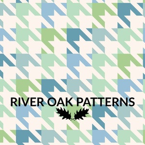 May include: A seamless pattern featuring a houndstooth design in shades of blue, green, and white. The pattern is repeated throughout the image. The text "River Oak Patterns" is centered at the bottom of the image, with a stylized oak leaf logo below it.
