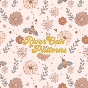 Bees and Flowers Seamless File, muted boho fall floral Repeat Pattern for fabric printing