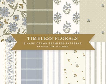 Set of Dusty Blue and Sage Floral Seamless Patterns: Vintage Cottagecore Digital Paper Pack