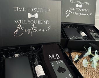 Personalised Groomsman & Best Man Proposal Box – Hip Flask, Bottle Opener, Shot Bottle and Socks – Custom Black Magnetic Gift
