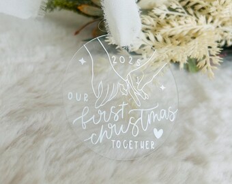 Personalised Our First Christmas Together Bauble | Clear Flat Acrylic Ornament | Holding Hands Design | Xmas Keepsake Gift | Couple Gift