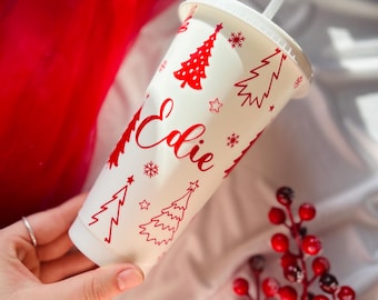 Personalised Christmas Cold Cup with Name | White Reusable Tumbler with Christmas Trees | Red and White Tumbler | Custom Name | Festive Cup