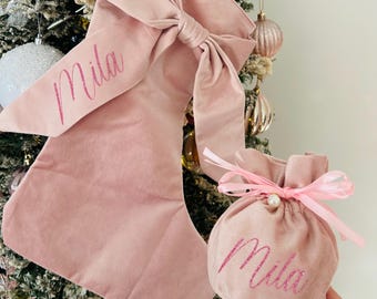 Blush Pink Personalised Bow Stocking & Mini Sack Set | Custom Christmas Stocking | Girls Christmas Gift | Elegant Pink Holiday Decor