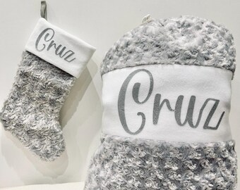 Luxury Personalised Plush Christmas Sack | Custom Christmas Stocking | Grey Stocking and Sack Set | Kids Xmas Gift | Matching Xmas Set