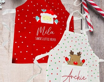 Personalised Kids Christmas Apron with Santa | Custom Name Childrens Baking Reindeer Apron | Christmas Eve Box Gift | Santa Baking Apron