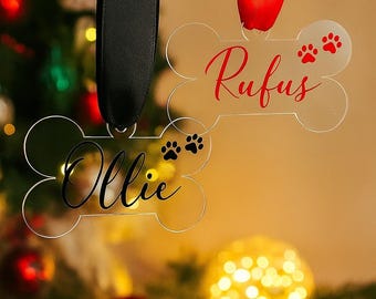 Personalised Dog Bone Bauble, Custom Clear Acrylic Ornament with Name & Paw Prints | Dog Christmas Decoration | Pet Lover Gift