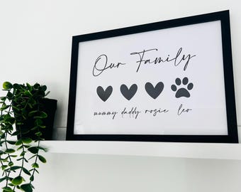 Personalised Family Print with Pet Paw | A4 Black Frame