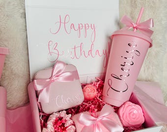 Personalised Pink Gift Box for Her, Custom Birthday Gift Box, Best Friend Gift, Pink Aesthetic Tumbler Box, Self Care Gift Set