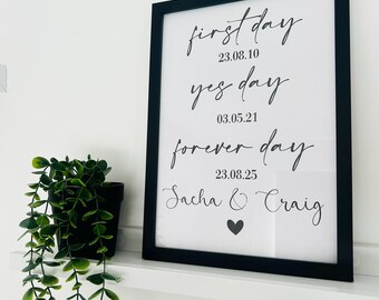 Personalised "First Day, Yes Day, Forever Day" A4 Black Frame | Custom Names & Dates Gift | Engagement, Wedding, Anniversary Keepsake