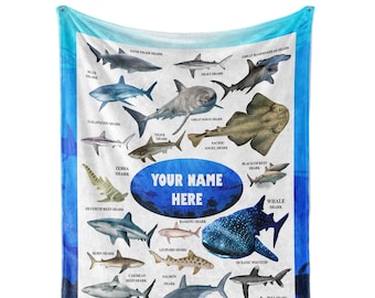 Shark Gifts for Kids | Personalized Shark Blanket for Kids Boys and Girls | Fleece Throw Blanket | Shark Toys | Jaws Gifts | 20+ Sharks