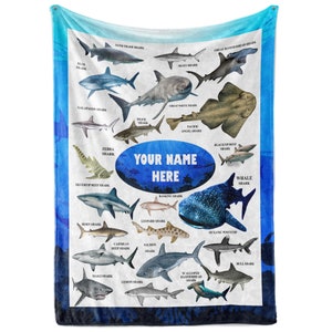 Shark Gifts for Kids | Personalized Shark Blanket for Kids Boys and Girls | Fleece Throw Blanket | Shark Toys | Jaws Gifts | 20+ Sharks