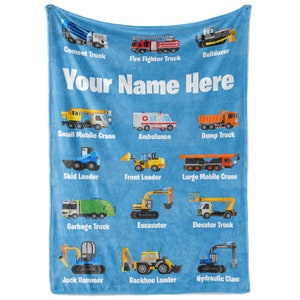 Personalized Construction Blanket | Baby Blanket Boys Gift | Toddler Excavator Truck Fleece Throw | Firetruck Birthday Gift | Truck Blanket