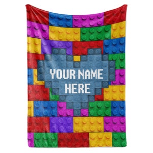 Personalized Blanket for Boys with Custom Name | Lego Compatible | Ultra Soft Bedding | Room Decor | Creative Colorful Building Blocks Gift