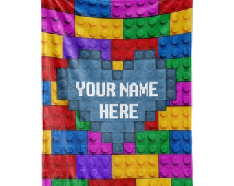 Personalized Blanket for Boys with Custom Name | Lego Compatible | Ultra Soft Bedding | Room Decor | Creative Colorful Building Blocks Gift