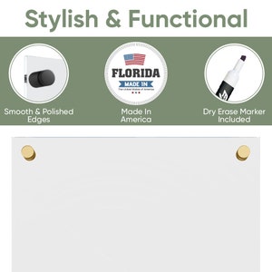 May include: White dry erase board with gold corner caps and a black dry erase marker. The board has smooth edges and is made in the USA.
