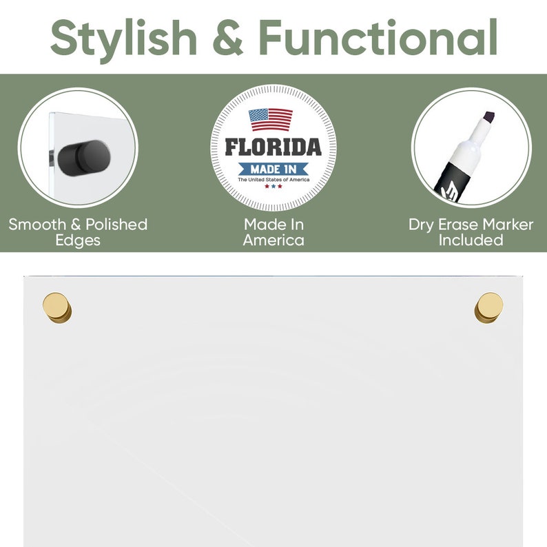 May include: White dry erase board with gold corner caps and a black dry erase marker. The board has smooth edges and is made in the USA.