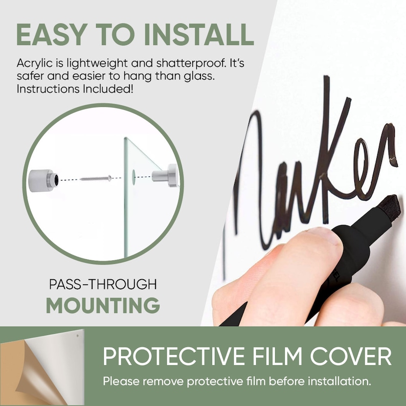 May include: White dry-erase board with black marker writing the word "Anker". The board has a protective film cover that needs to be removed before use. The board is mounted with pass-through mounting hardware.