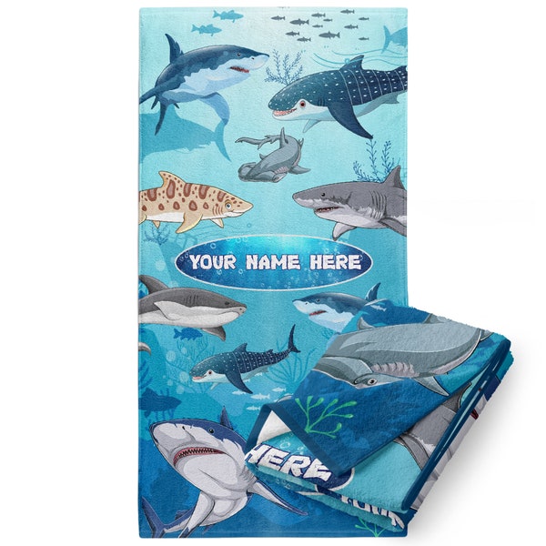 Personalized Kid’s Shark Beach Towel for Boy or Girls with Custom Name,Underwater Theme,Soft Cotton & Microfiber,Quick Dry Pool,Travel,Bath