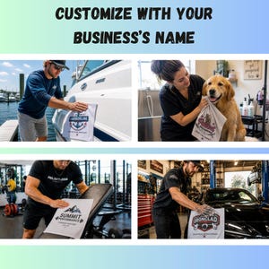 May include: Promotional towels with business logos are shown in various settings. The towels are white with custom logos, including "Harborline," "Tailored Grooming," "Summit Performance," and "Ironclad." The image highlights the towels' versatility for branding and advertising.