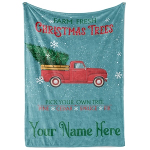 Personalized Christmas Blanket | Custom Throw Blanket | Family Name Winter Blankets | Red Truck Christmas Fleece | Family Christmas Gifts