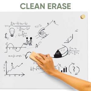 May include: A white dry-erase board with a hand holding a wooden eraser. The board is covered in handwritten notes, graphs, and diagrams, including mathematical equations, a pie chart, and a line graph. The text "CLEAN ERASE" is written in green at the top of the board.