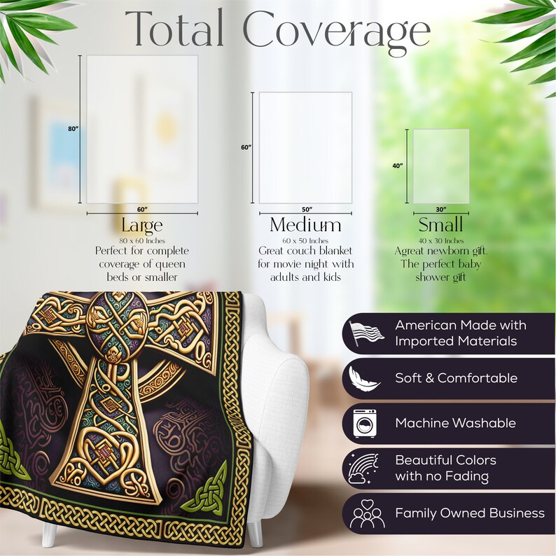 May include: A Celtic knot throw blanket with a gold and green design on a dark purple background. The blanket is available in three sizes: large (80 x 60 inches), medium (60 x 50 inches), and small (40 x 30 inches).