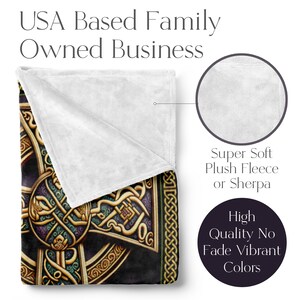May include: A soft, plush fleece or sherpa throw blanket with a Celtic knot design in gold, green, and purple on a black background. The blanket is folded in half and the back side is white.