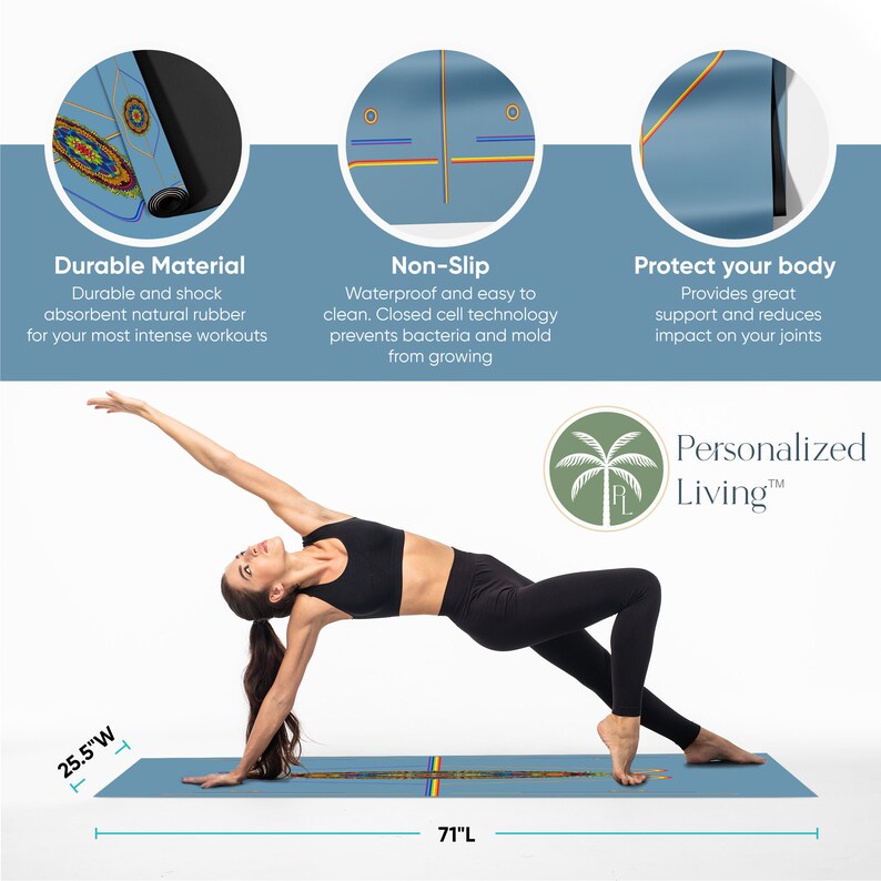 K&ouml;nnte beinhalten: Eine blaue Yogamatte mit einem bunten Muster und einer Frau, die eine Yoga-Pose demonstriert. Die Matte ist 180 cm lang und 65 cm breit. Die Matte ist rutschfest, wasserdicht und aus strapazierf&auml;higem, sto&szlig;d&auml;mpfendem Naturkautschuk hergestellt. Die Matte wurde entwickelt, um Ihren K&ouml;rper zu sch&uuml;tzen und die Belastung Ihrer Gelenke zu reduzieren.