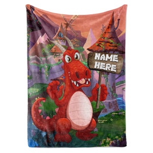 Personalized Dragon Blanket for Kids | Cute Custom Name Throw for Boys and Girls | Colorful Castle Fairytale Hero Theme Print | Soft Plush