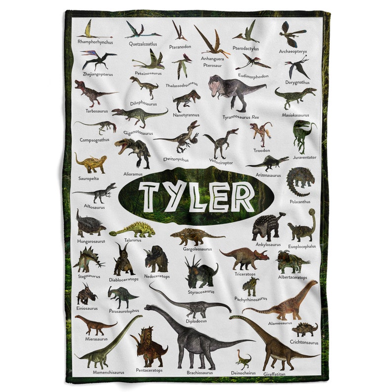 May include: A white background with a green border features a chart of various dinosaurs with their names. The chart is titled "TYLER" in green letters.
