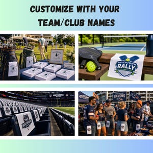 May include: Image showcasing customizable items for teams and clubs. Includes golf bags with towels, pickleball equipment, stadium seating with towels, and people with towels. Text reads "Customize with your team/club names."