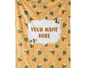Personalized Honey Bee Blanket for Kids or Adults | Custom Name Throw for Boys and Girls | Black and Yellow Honeybee Theme | Birthday Gift