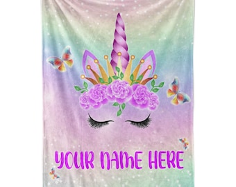 Personalized Unicorn Blanket for Kids | Girls Unicorn Gifts | Custom Plush Fuzzy Unicorns for Toddler | Customized Girl Throw Blankets