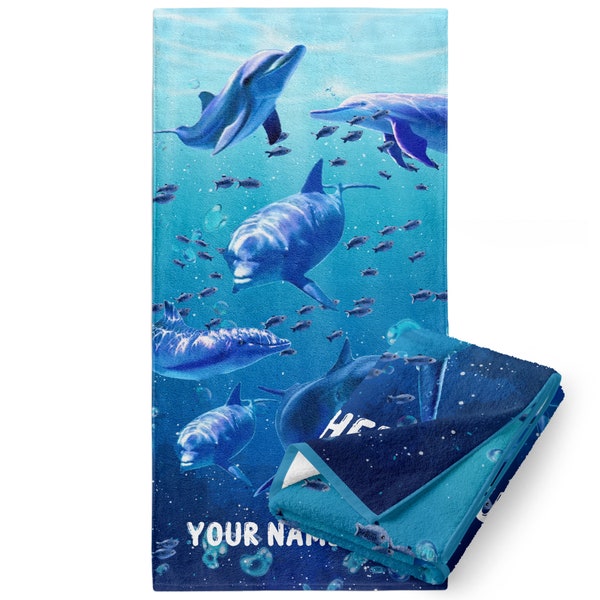 Personalized Dolphin Beach Towel for Kids or Adults with Custom Name, Underwater Swimming Theme with Fish, Soft Cotton for Pool,Travel, Bath