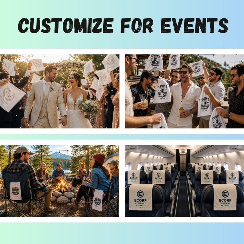 May include: Image promoting event customization. Features scenes of a wedding, a bachelor party, a campfire gathering, and an airplane interior. Text includes "CUSTOMIZE FOR EVENTS", "GROOM'S LAST CALL", and "ECORP COMPANY RETREAT".
