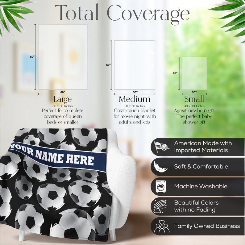 May include: A black and white soccer ball blanket with a navy blue band that says "YOUR NAME HERE". The blanket is shown draped over a white armchair. The blanket is available in three sizes: 80 x 60 inches, 60 x 50 inches, and 40 x 30 inches.