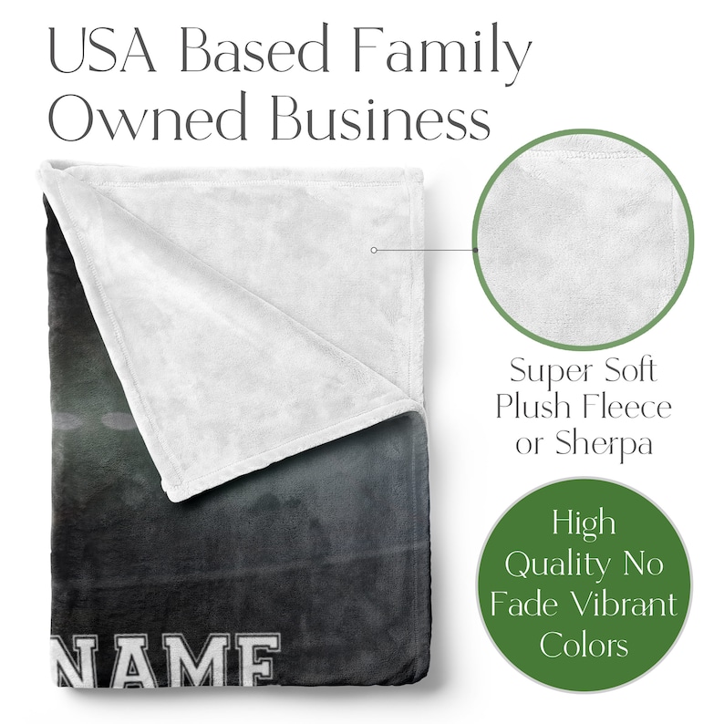 May include: A soft, plush fleece or sherpa blanket with a personalised name printed on it. The blanket is grey and white with a faded, vintage look. The text "USA Based Family Owned Business" is printed at the top of the image.
