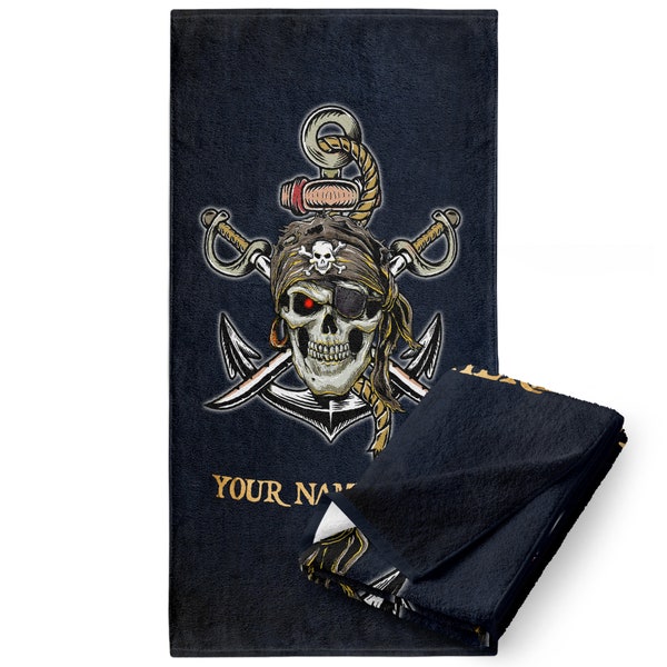 Personalized Pirate Beach Towel for Boys with Custom Name,Quick Dry Microfiber and Soft Cotton for Pool,Bath, Cross Swords,Skull and Bones