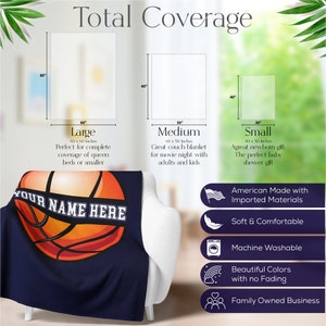 May include: A navy blue blanket draped over a white armchair, featuring a basketball design with the text "YOUR NAME HERE" in white. The blanket is 80 x 60 inches, perfect for queen beds or smaller.