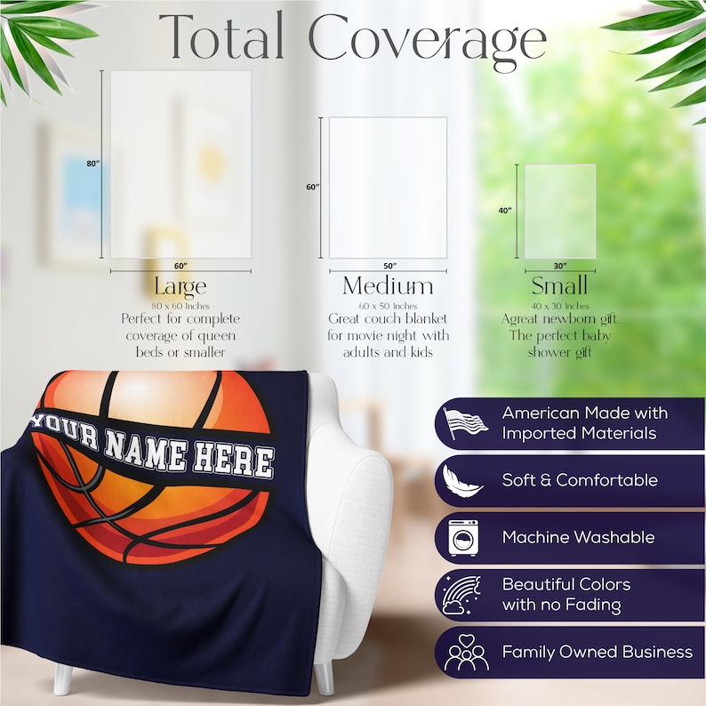 May include: A navy blue blanket draped over a white armchair, featuring a basketball design with the text "YOUR NAME HERE" in white. The blanket is 80 x 60 inches, perfect for queen beds or smaller.